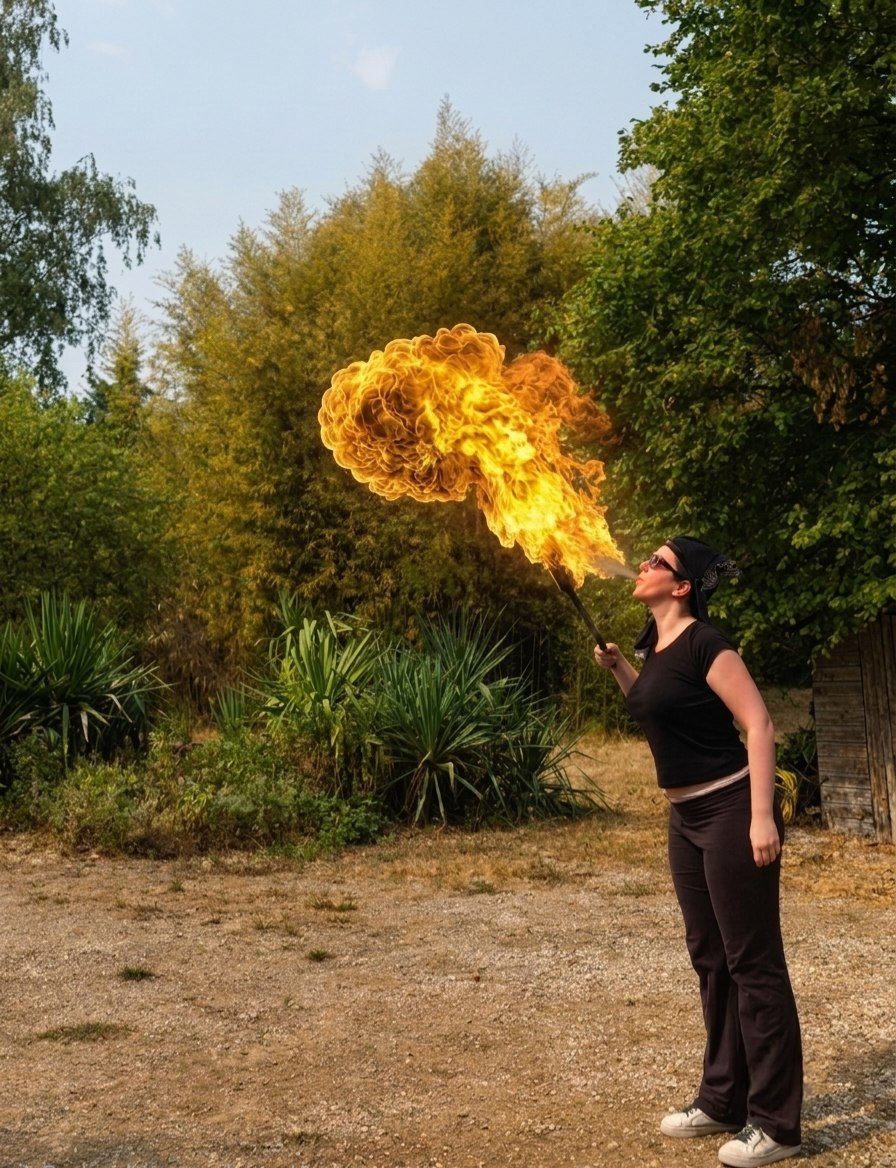 Participante Cracheur de Feu devant la façade Fairy House — Pyroplasticien